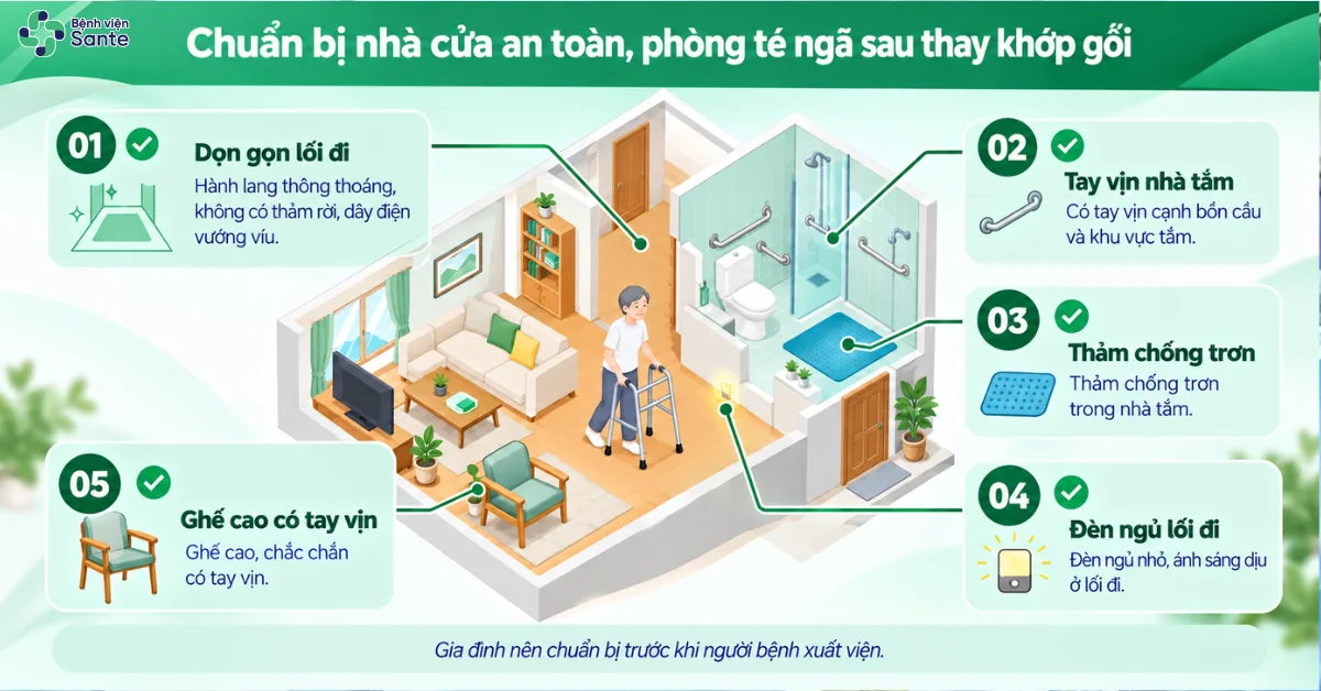 Bố trí nhà cửa an toàn phòng tránh té ngã sau thay khớp gối với lối đi thông thoáng và tay vịn